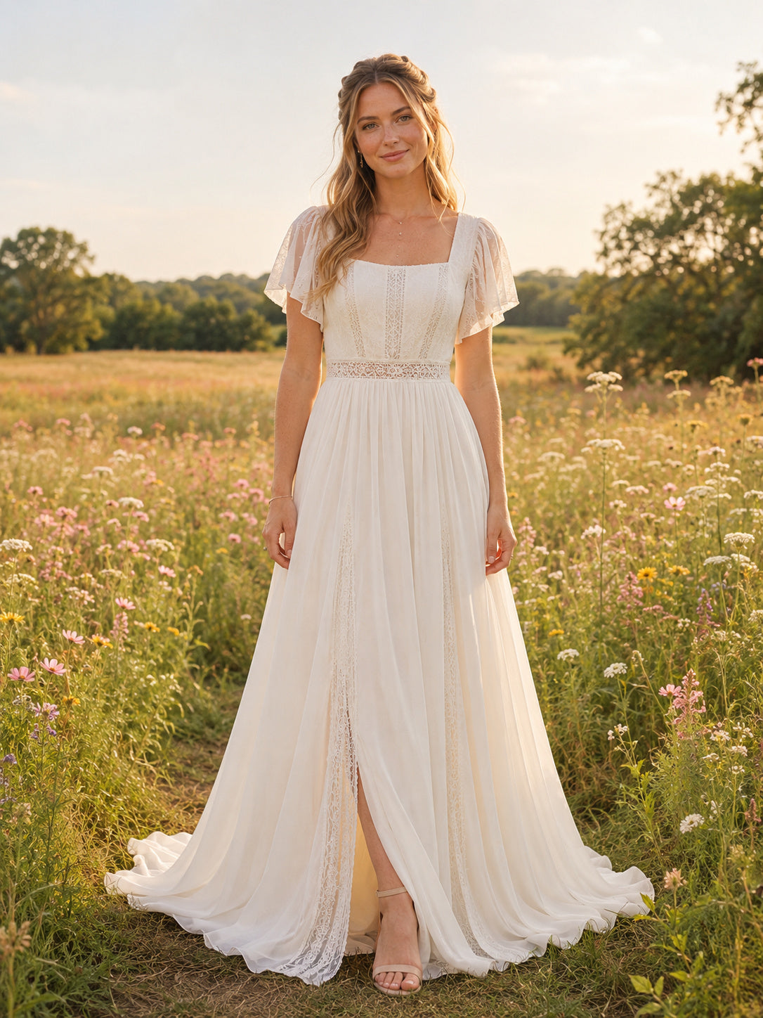 Beach Chiffon Wedding Dress A-Line V-Neck Flutter Sleeve Sweep Train with Slit Bridal Gown front view