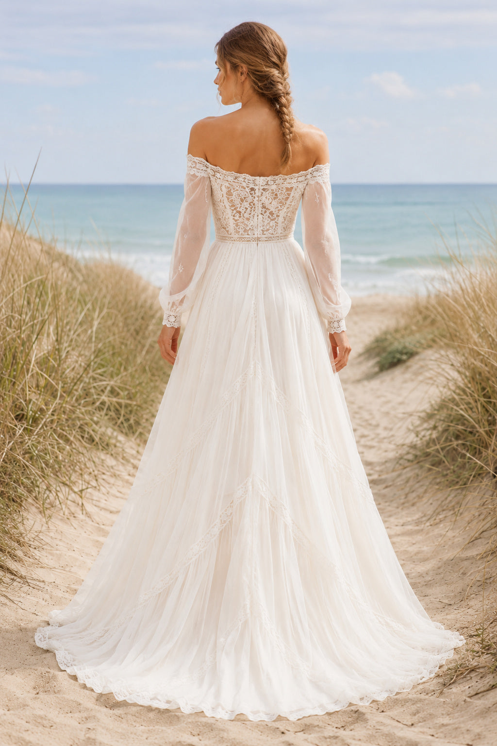 Off the Shoulder Long Sleeve A-Line Wedding Dress with Lace Bodice and Beach Train back view