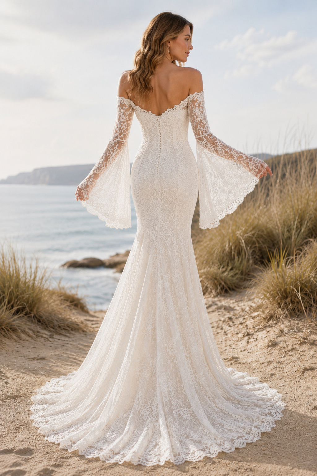 Ivory Off-the-Shoulder Bell Sleeve Mermaid Lace Wedding Dress with Sweep Train back view