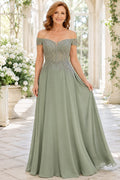 Sage Off Shoulder Chiffon A-Line Mother Dress with Beaded Bodice and Full Skirt front view