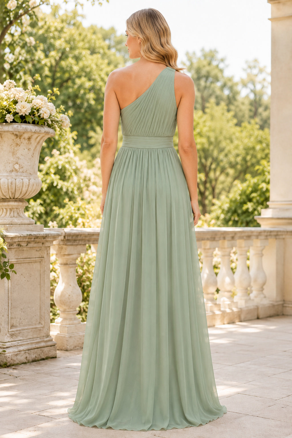 Sage One Shoulder Chiffon A-Line Bridesmaid Dress with Pleated Bodice and Floor Skirt back view