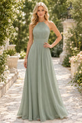 Sage Halter Chiffon A-Line Bridesmaid Dress with Pleated Bodice and Flowing Floor Skirt front view