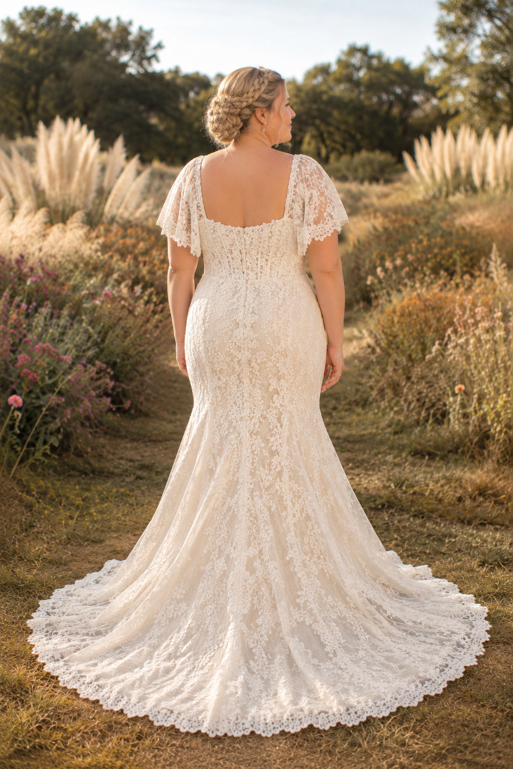 Plus Size Ivory Square Sweetheart Cap Sleeve Lace Tulle Mermaid Wedding Dress with Fitted Lace Skirt and Chapel Train back vi