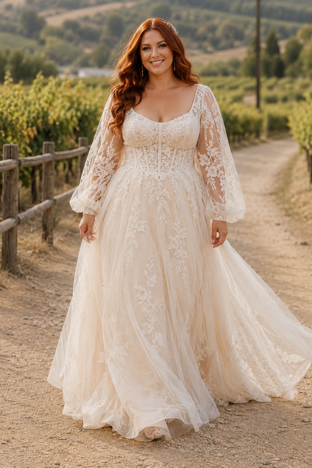 Plus Size Long Sleeve Lace A-Line Wedding Dress with Deep V-Neck Style 721001 front view