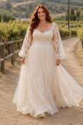 Plus Size Long Sleeve Lace A-Line Wedding Dress with Deep V-Neck Style 721001 front view