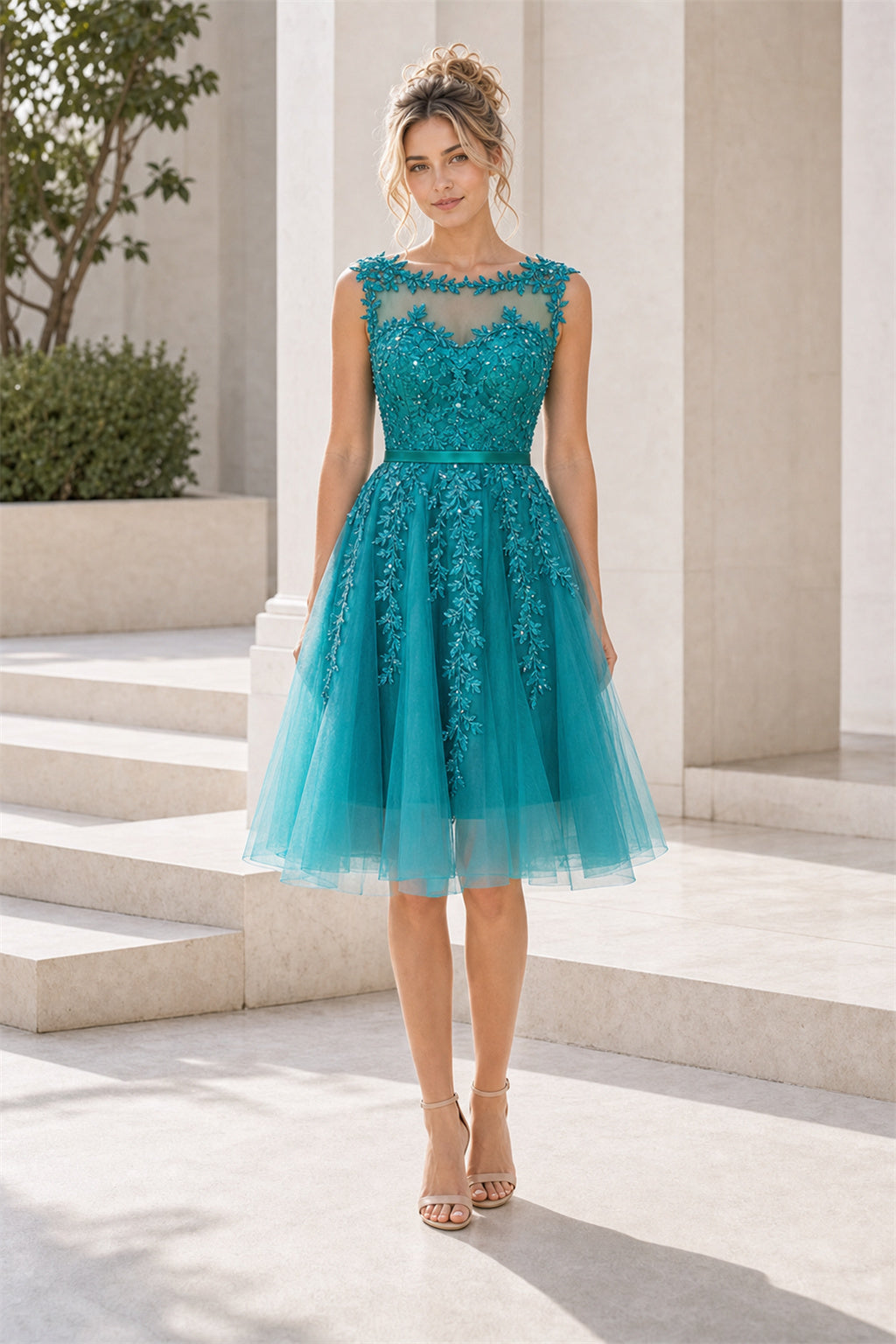 Turquoise Illusion Bateau Sleeveless A-Line Tulle Tea-Length Dress With Lace Bodice