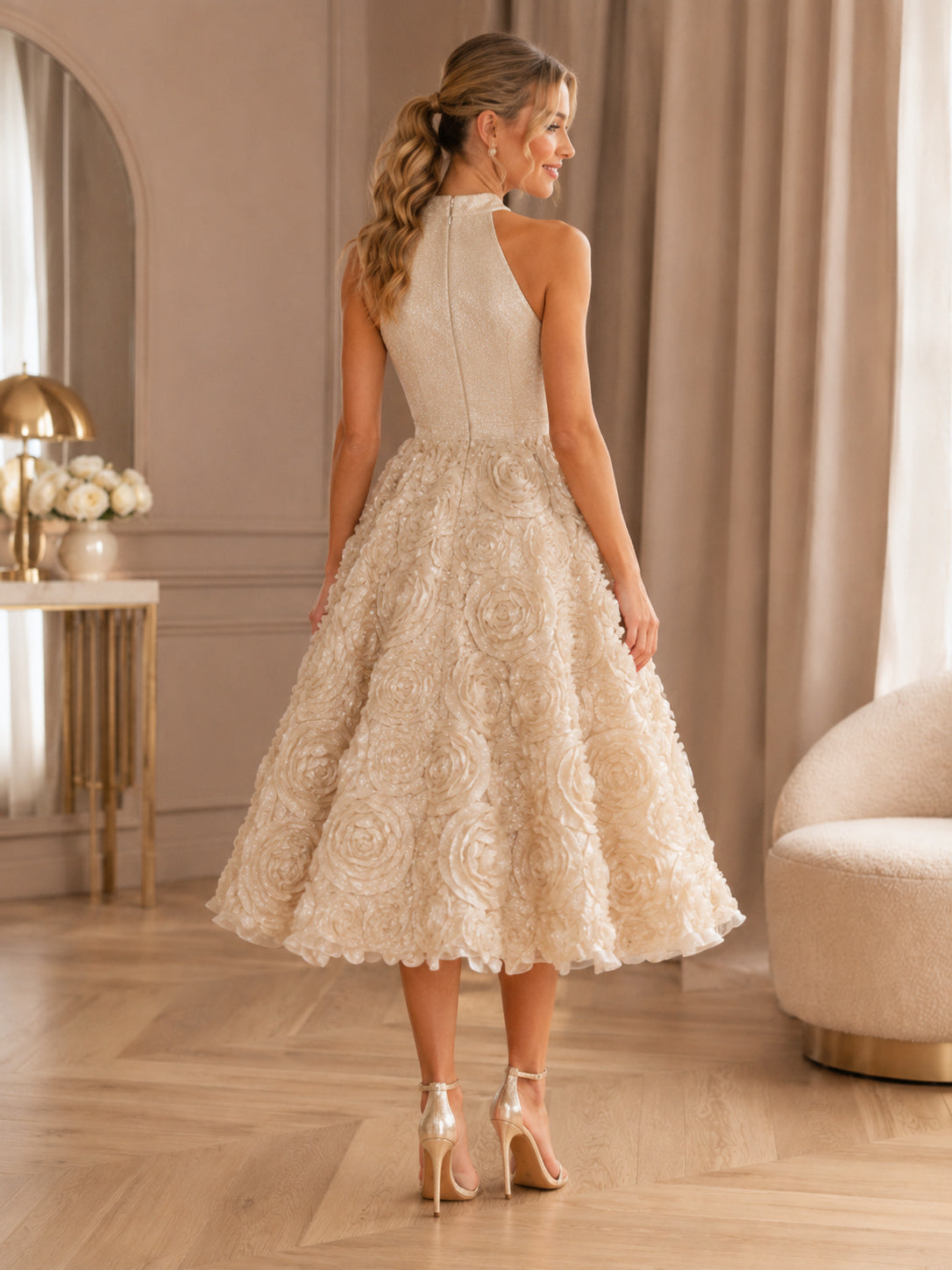 Champagne Luxury Midi Halter High Neck Rosette Skirt Sweet Sixteen Cocktail Party Dress back view