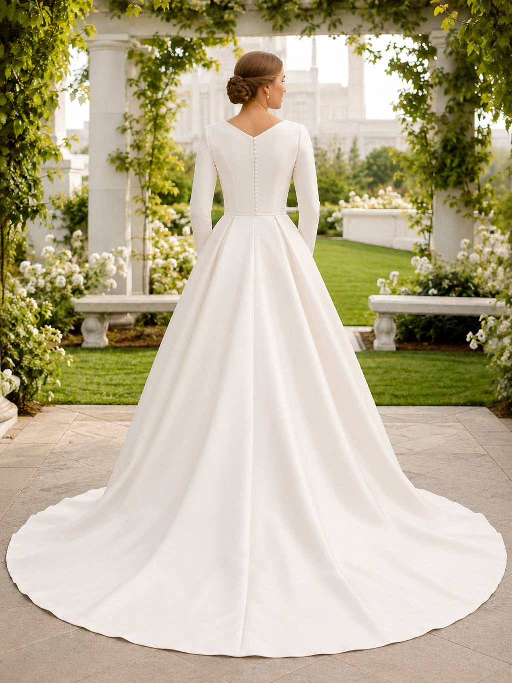Modest Long Sleeve Satin Ball Gown Garden Bridal Dress back view