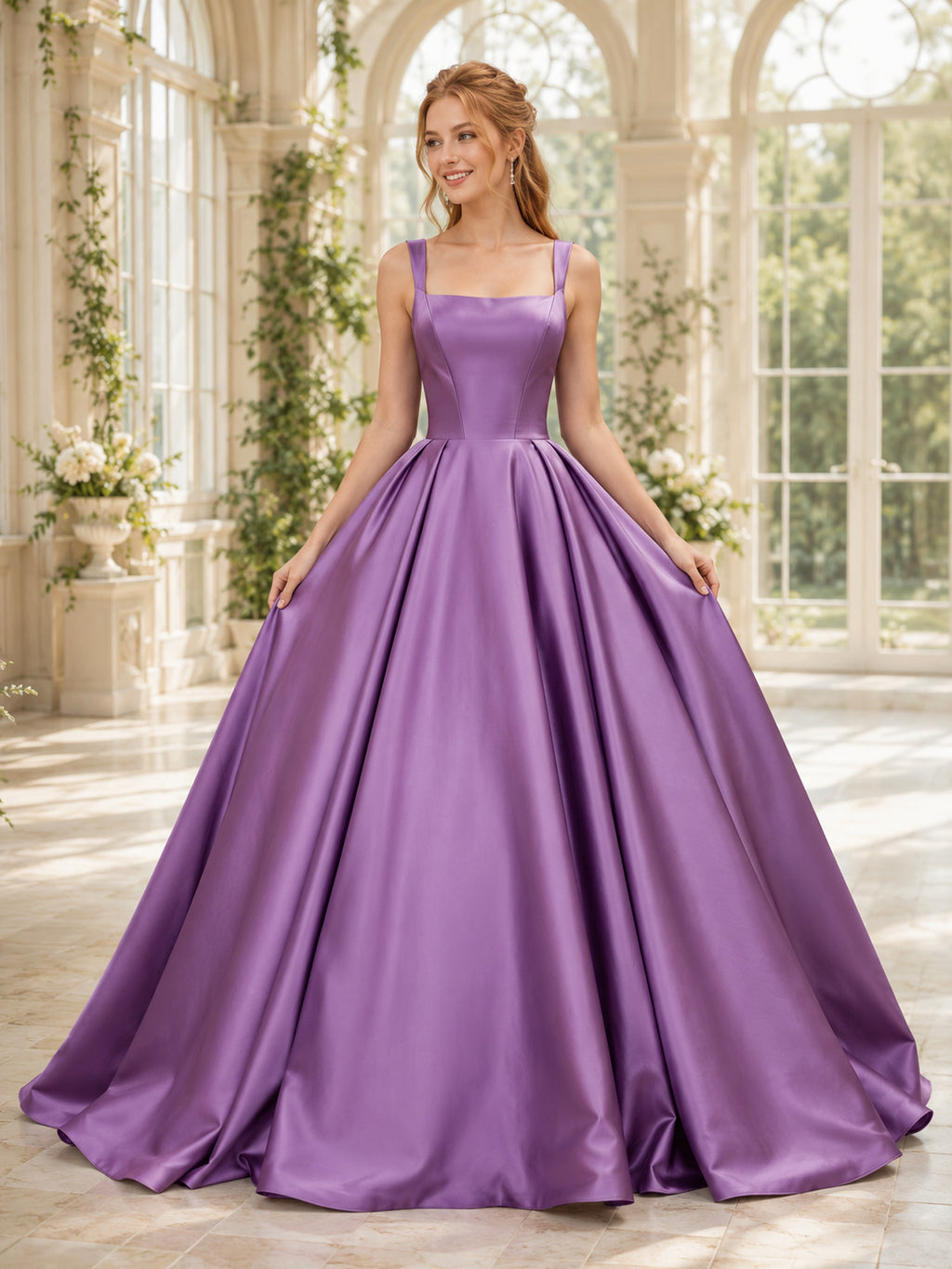Grape Square Neck Straps Satin Ball Gown Court Train Wedding Gown front view