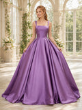 Grape Square Neck Straps Satin Ball Gown Court Train Wedding Gown front view