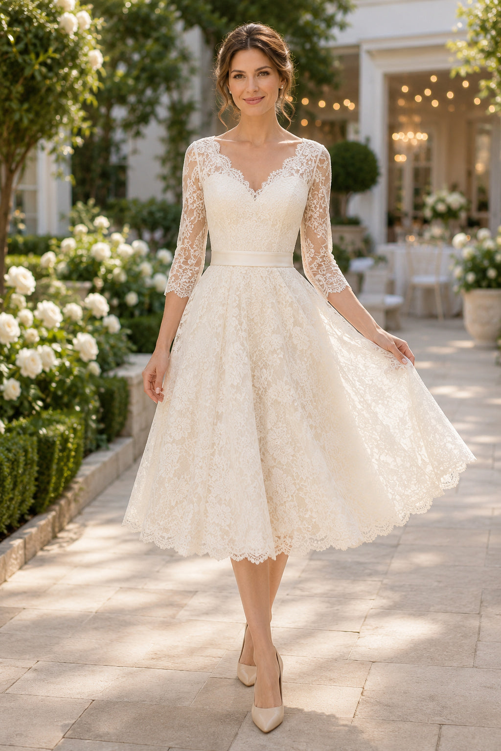 V-Neck Lace Tea-Length Wedding Dress with Full Tulle Skirt front view
