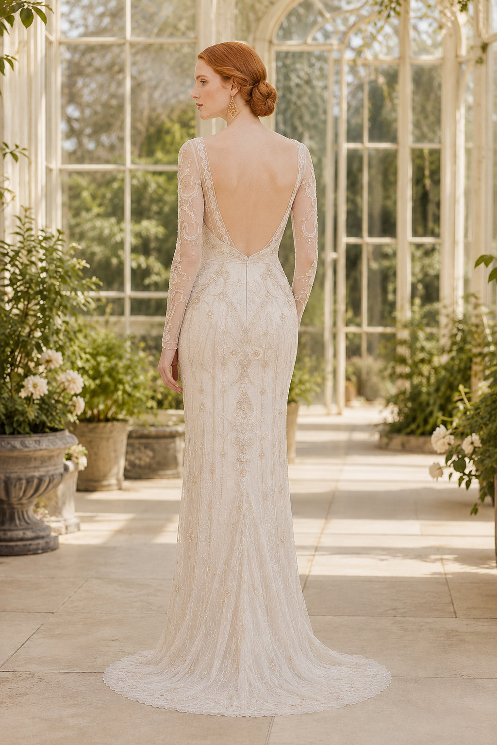 Ivory High Neck Long Sleeve Lace Sheath Wedding Dress back view