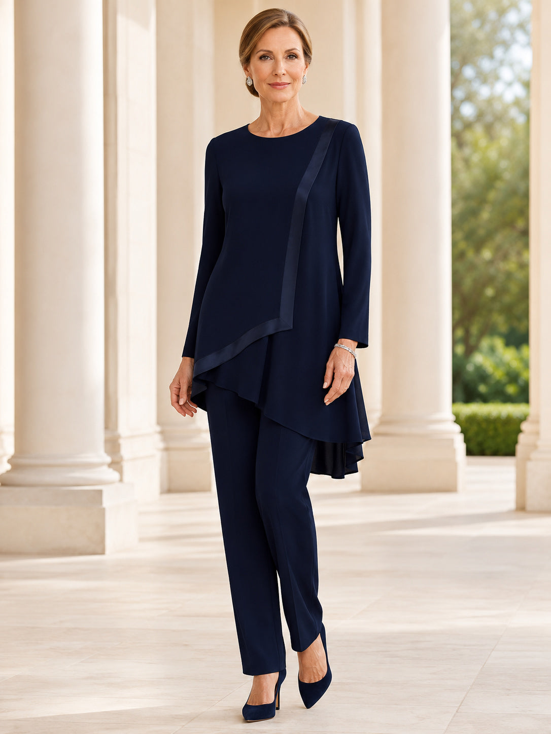 Dark Navy Modest Bateau Long-Sleeve Asymmetrical-Layered Tunic Straight-Leg Mother of the Bride Pantsuit front view