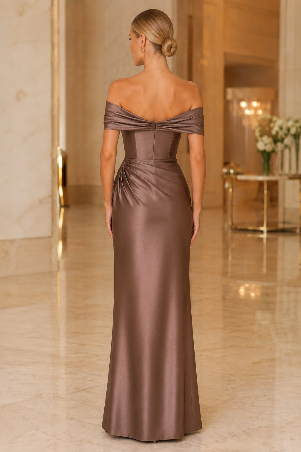 Brown Off-the-Shoulder Satin Sheath Mother Dress with Side Drape back view