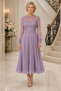 Lavender Tea Length Mother Dress with Illusion Long Sleeves and Chiffon Skirt for Evening Reception front view