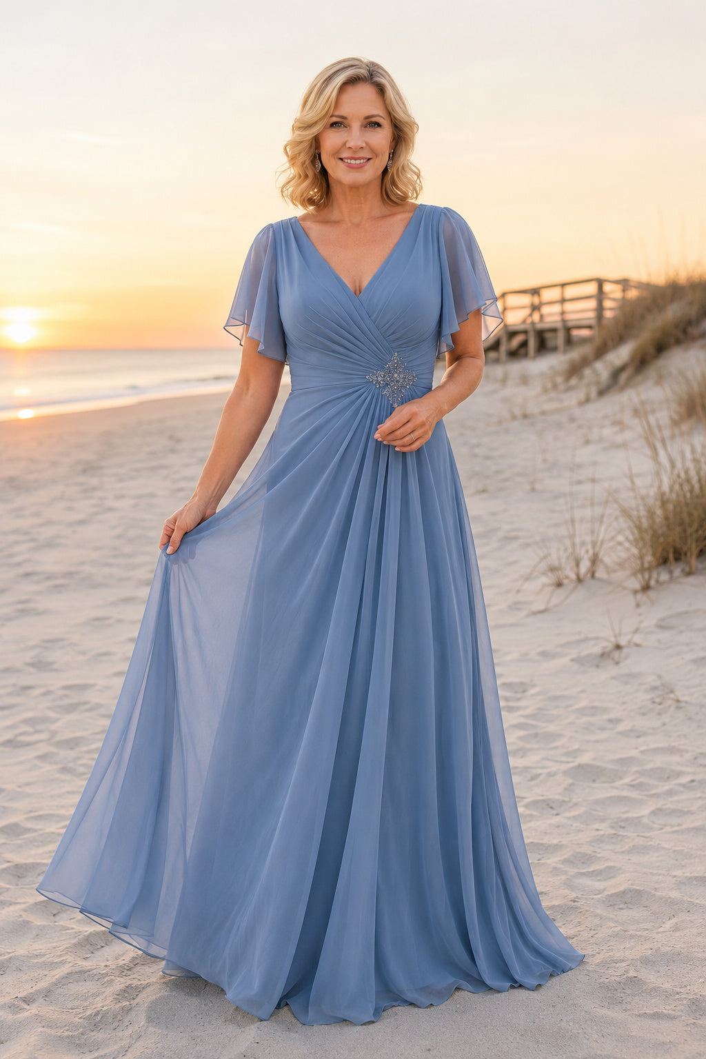 Steel Blue V-Neck Plus Size Mother Dress with Flutter Sleeves and Beaded Waist for Evening Reception front view
