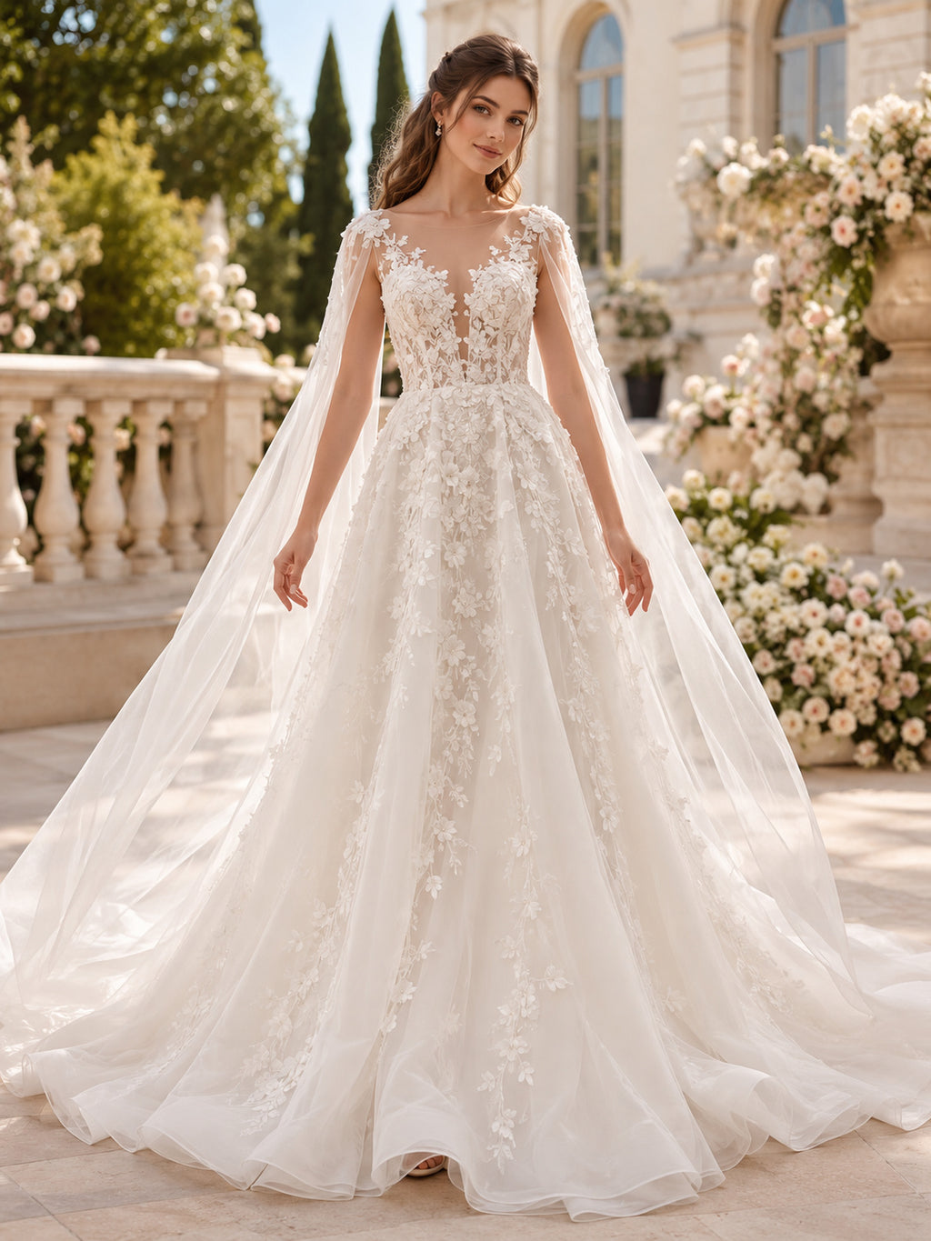 Satin Wedding Dress A-Line Off Shoulder Short Sleeve Chapel Train Bridal Gown front view
