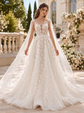 Satin Wedding Dress A-Line Off Shoulder Short Sleeve Chapel Train Bridal Gown front view