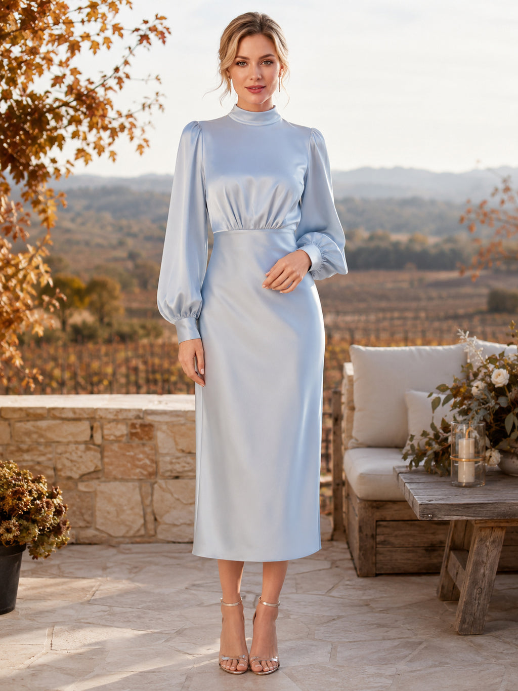 Mist High Neck Puff Sleeve Satin Sheath Tea Guest Dress front view