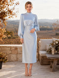 Mist High Neck Puff Sleeve Satin Sheath Tea Guest Dress front view