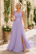 Lavender V-Neck Chiffon A-Line Bridesmaid Dress with Sleeveless Bodice and Side Split front view