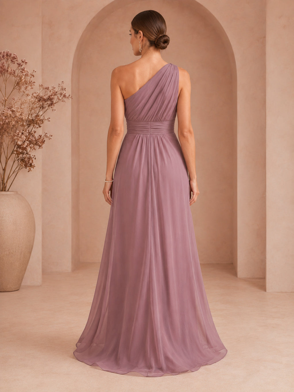 Mauve One-Shoulder Draped Chiffon A-Line Gown back view