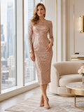 Champagne Bateau Long Sleeve Sequin Sheath Ankle Guest Dress front view