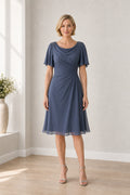 Slate Blue Bateau Flutter Sleeve A-Line Chiffon Knee-Length Dress With Sheer Back