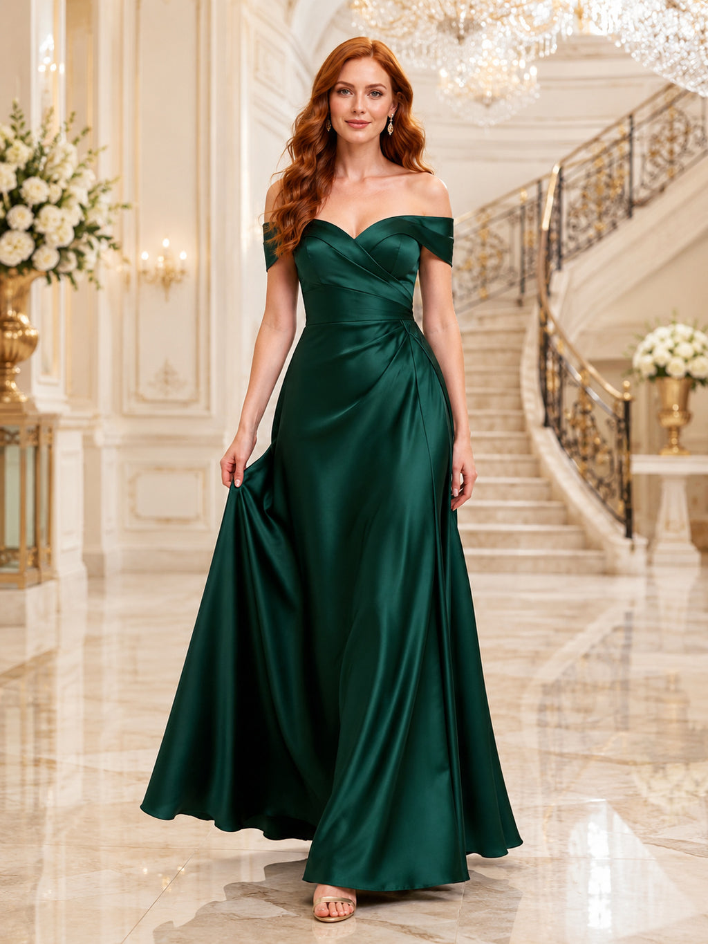 Grand Ballroom Formal Dark Green Romantic Elegant A-Line Satin Bridesmaid Dress with Off Shoulder Sweetheart Sleeveless Floor