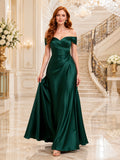 Grand Ballroom Formal Dark Green Romantic Elegant A-Line Satin Bridesmaid Dress with Off Shoulder Sweetheart Sleeveless Floor