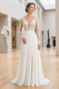 White V-neck Long Sleeves A-Line Crepe Floor-length Wedding Dress With Open Back and Lace Bodice