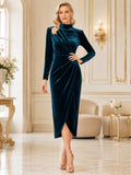Peacock High Neck Ruched Velvet Sheath Asymmetrical Guest Dress front view