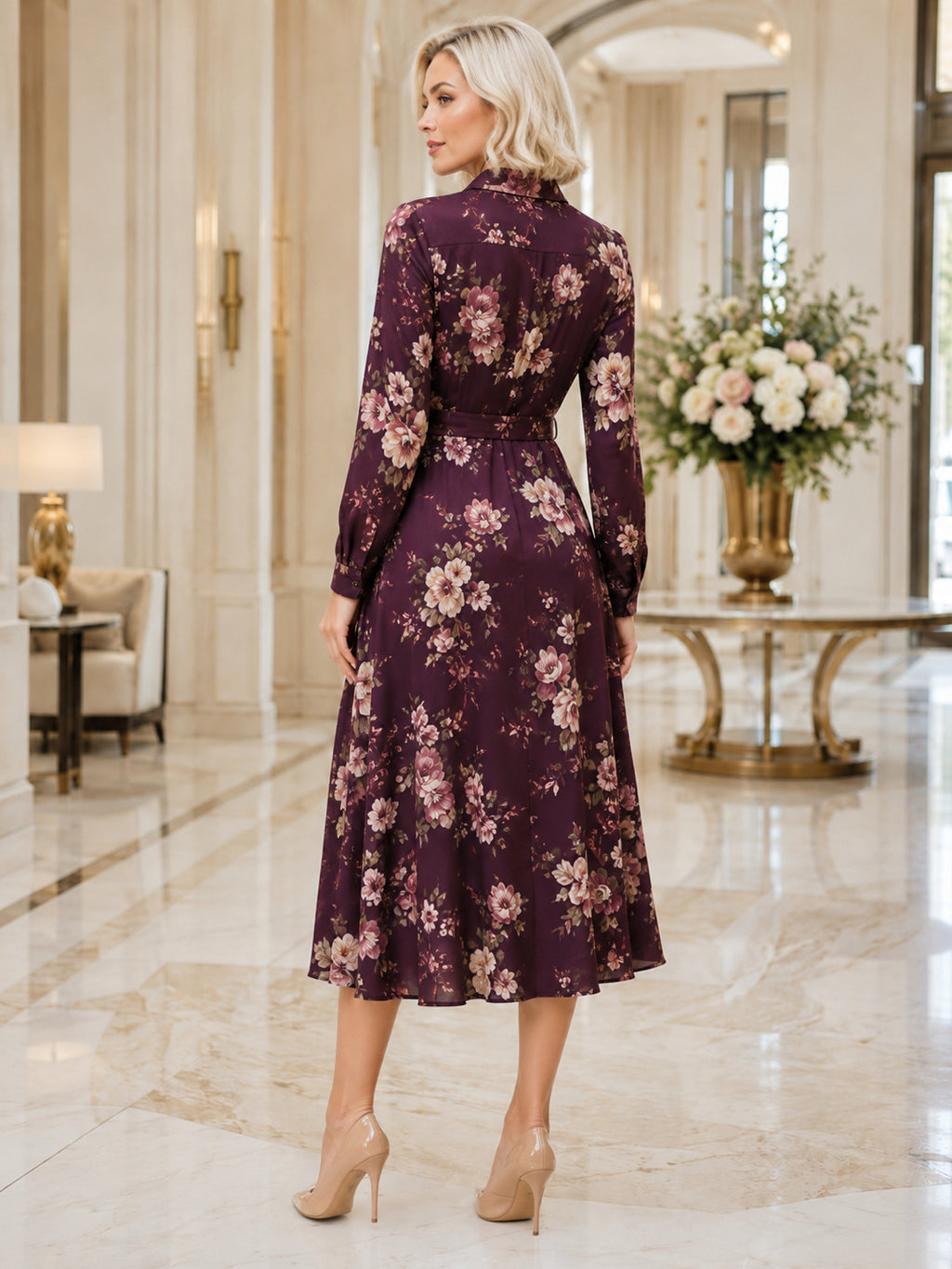 Burgundy Floral Long Sleeve Shirt Collar Midi Dress back view