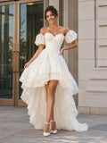Puff Sleeve Tiered High Low Courthouse Wedding Dress front view