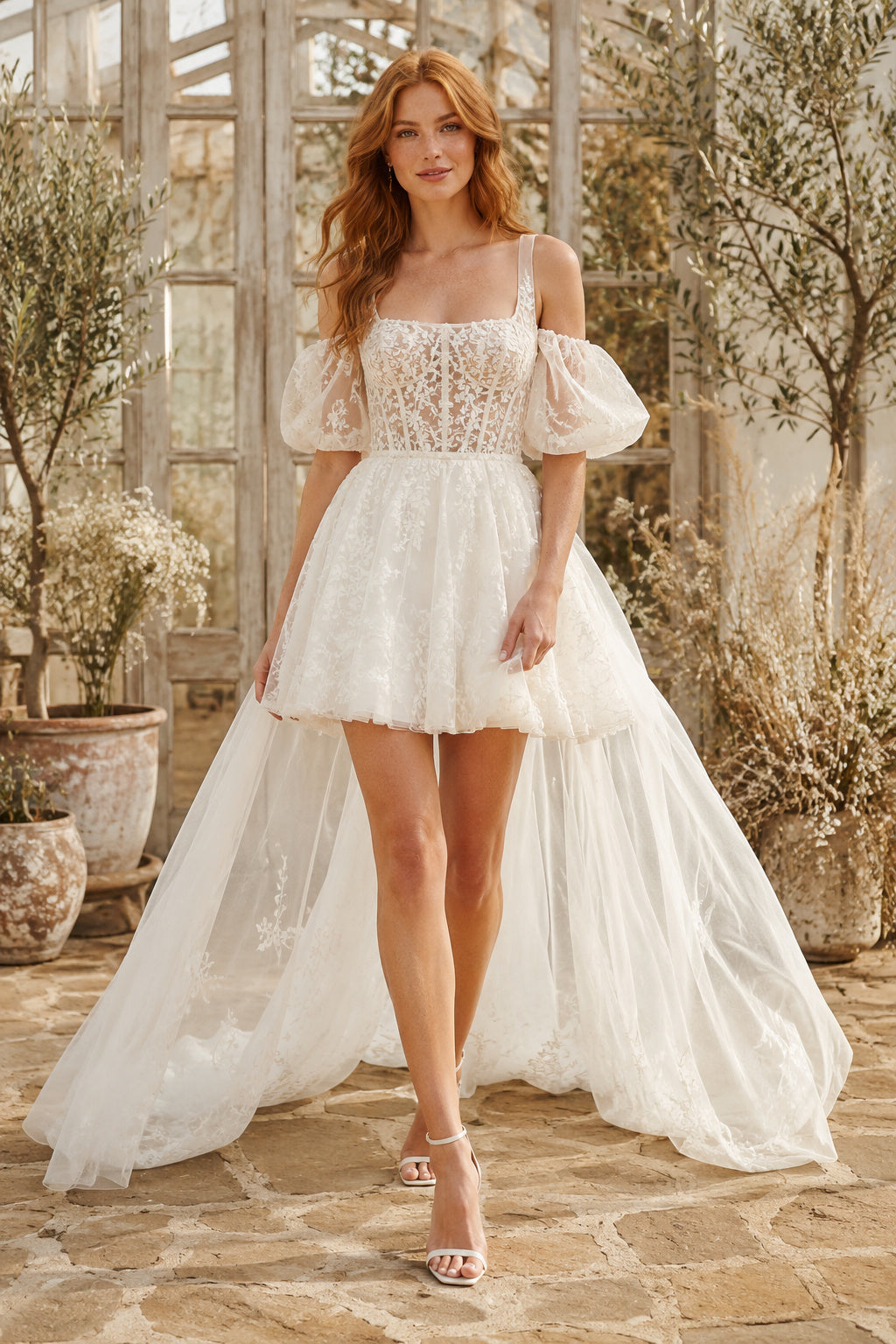 Ivory Square Neck Puff Sleeve Mini Wedding Dress Detachable Train for Wedding Reception and Party front view