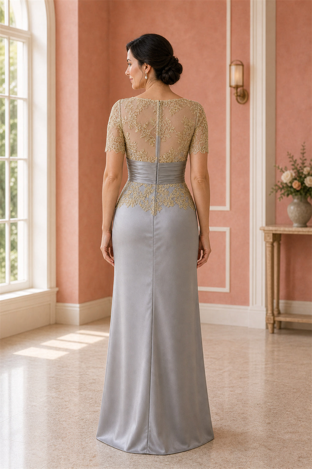 Silver Bateau Cap Sleeve Sheath Satin Floor-Length Dress With Beaded Waist