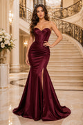 Burgundy Strapless Satin Mermaid Prom Dress with Lace-Up Corset Back and High Slit front view