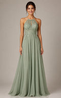 Sage Green Chiffon A-line Prom Dress with Lace Up Back Halter Lace Bodice front view
