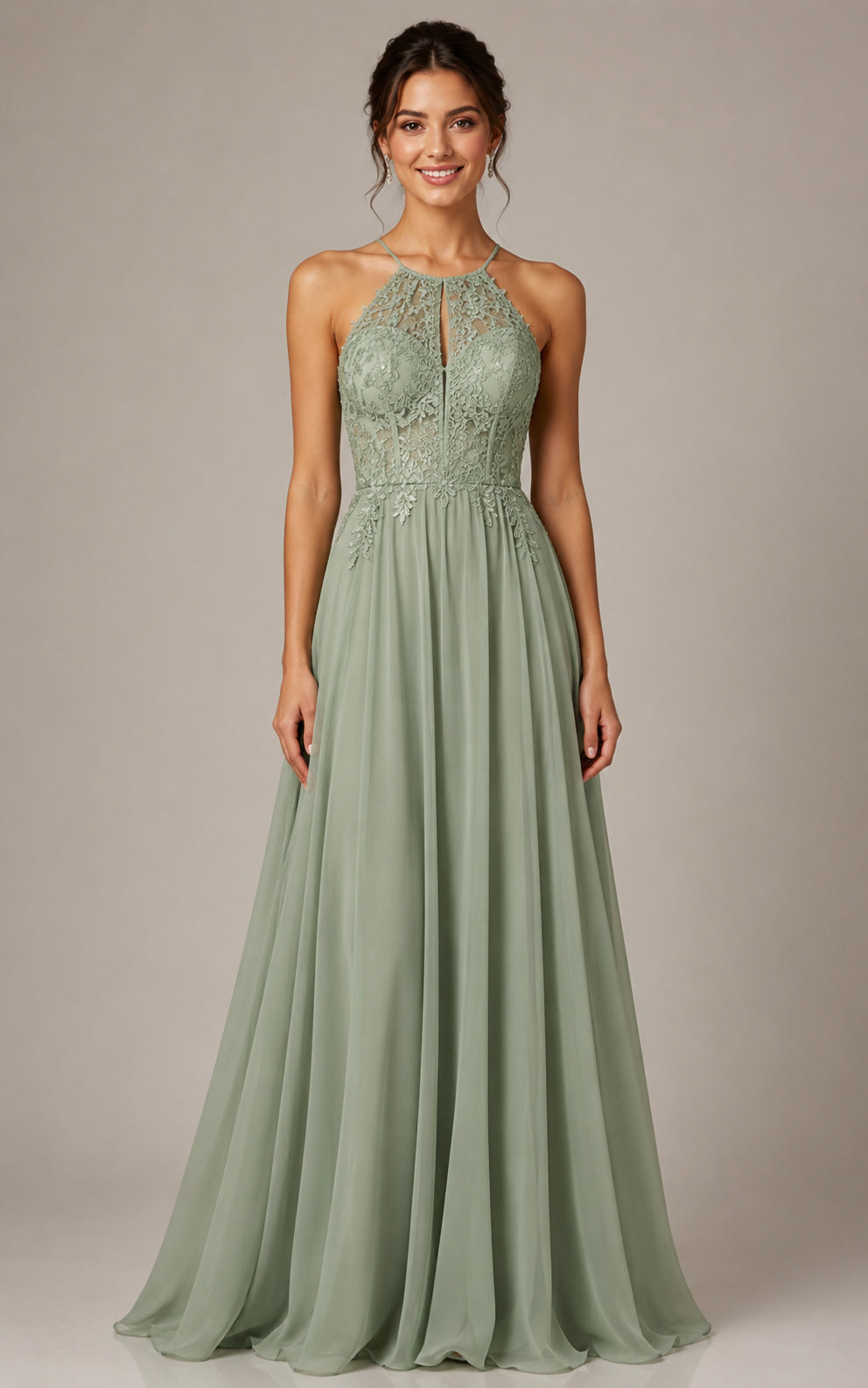 Sage Green Chiffon A-line Prom Dress with Lace Up Back Halter Lace Bodice front view