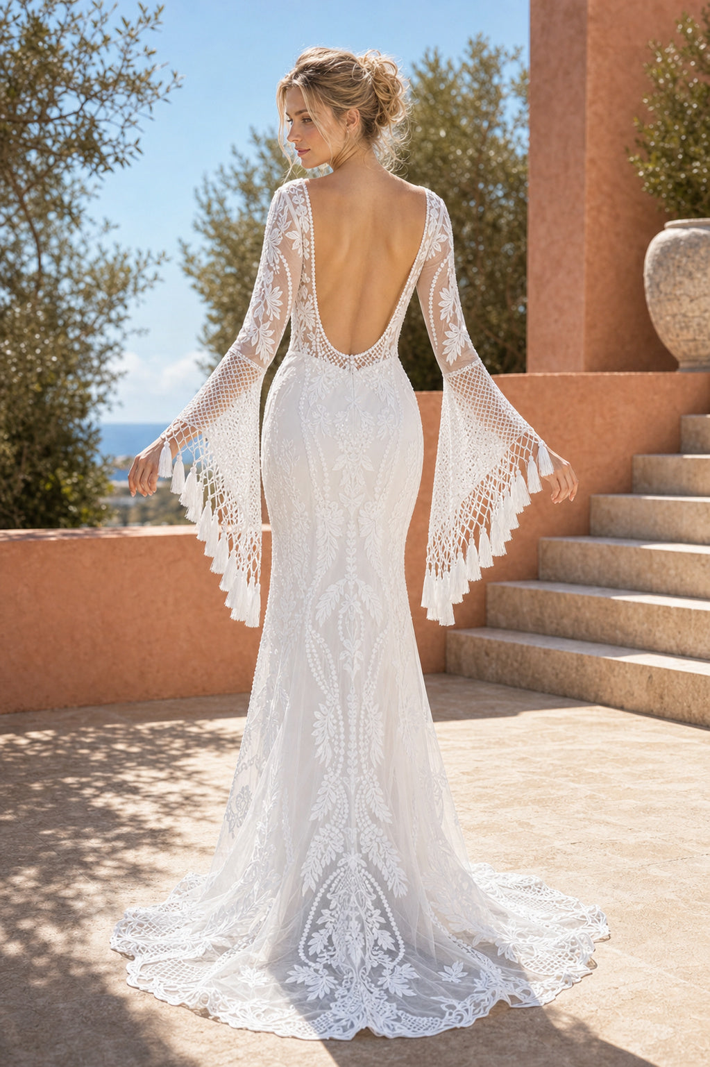 White Bateau Long Cape Sleeves Mermaid Lace Floor-length Wedding Dress With Fringe and Lace and Open Back