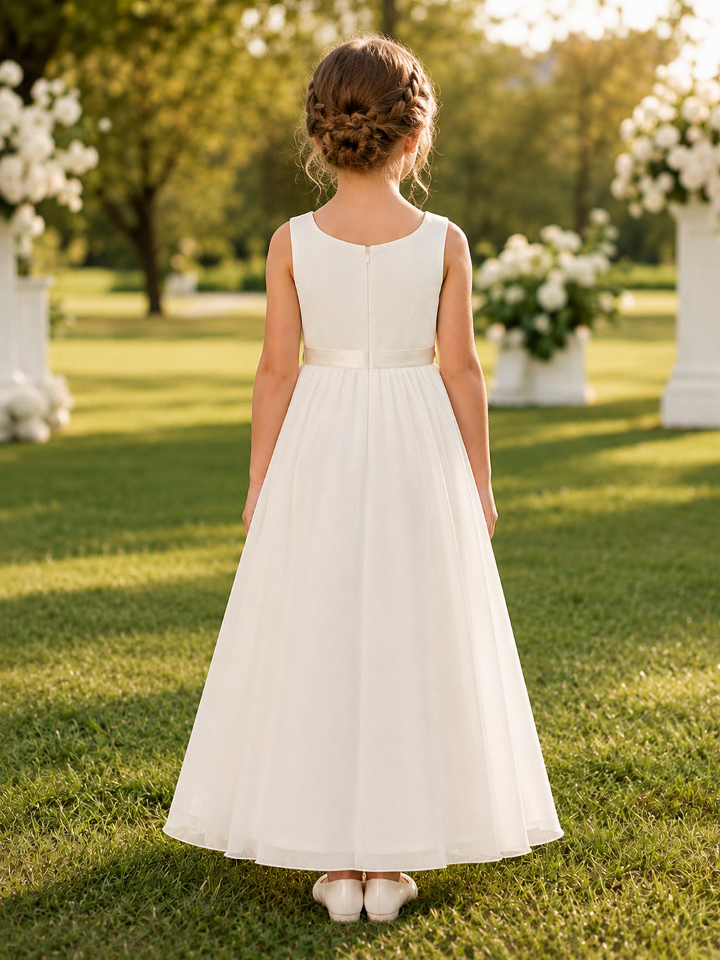 Sleeveless White Tulle A-Line Flower Girl Dress with jewel Neckline and Floor length Skirt with Soft Pleating back view