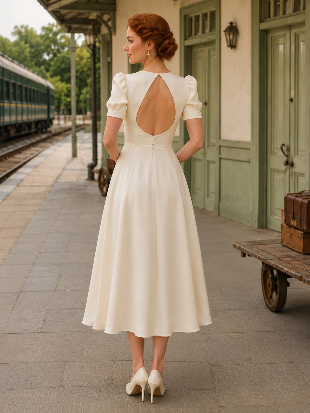 Vintage Square Neck Short Puff Sleeve Satin A-Line Tea-Length Keyhole Wedding Dress back view