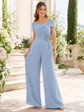 Sky Blue Off Shoulder Sleeveless Draped Wide Leg Mother Occasion Jumpsuit front view