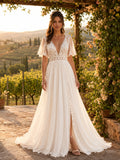 Country Chiffon Wedding Dress A-Line Sweetheart Flutter Sleeve Floor Length with Slit Low V Back Bridal Gown front view