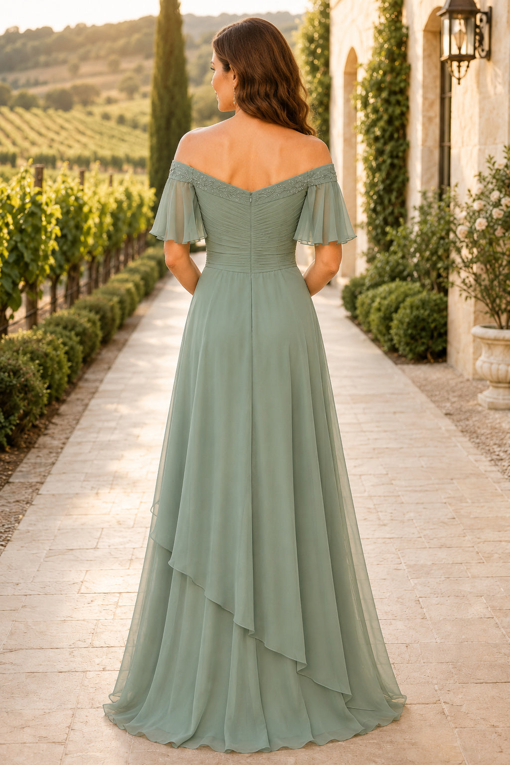 Sage Off Shoulder Chiffon A-Line Mother Dress with Flutter Sleeves and Ruffled Skirt back view
