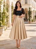 Chic Black Sequin Formal A Line Tea Length Champagne Satin Dress front view