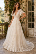 Ivory Cap Sleeve V-Neck Lace A-Line Boho Wedding Dress with Low Back and Sweep Train front view