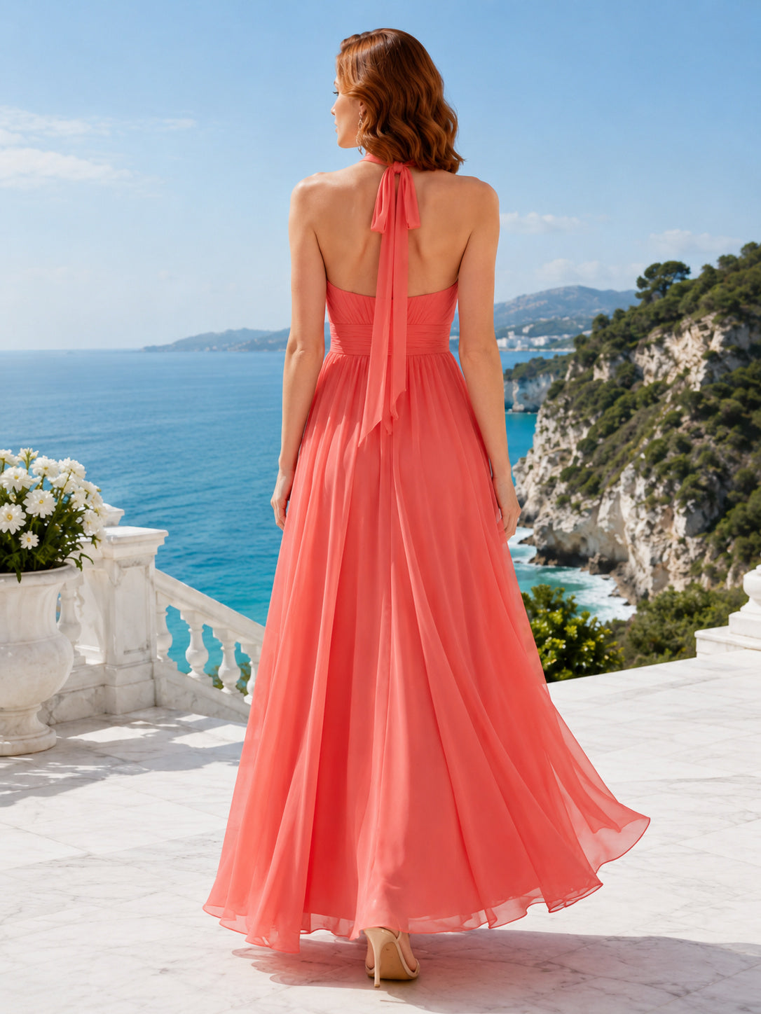 Coral Chiffon Halter Neck Flowing Beach Formal Maxi Dress back view