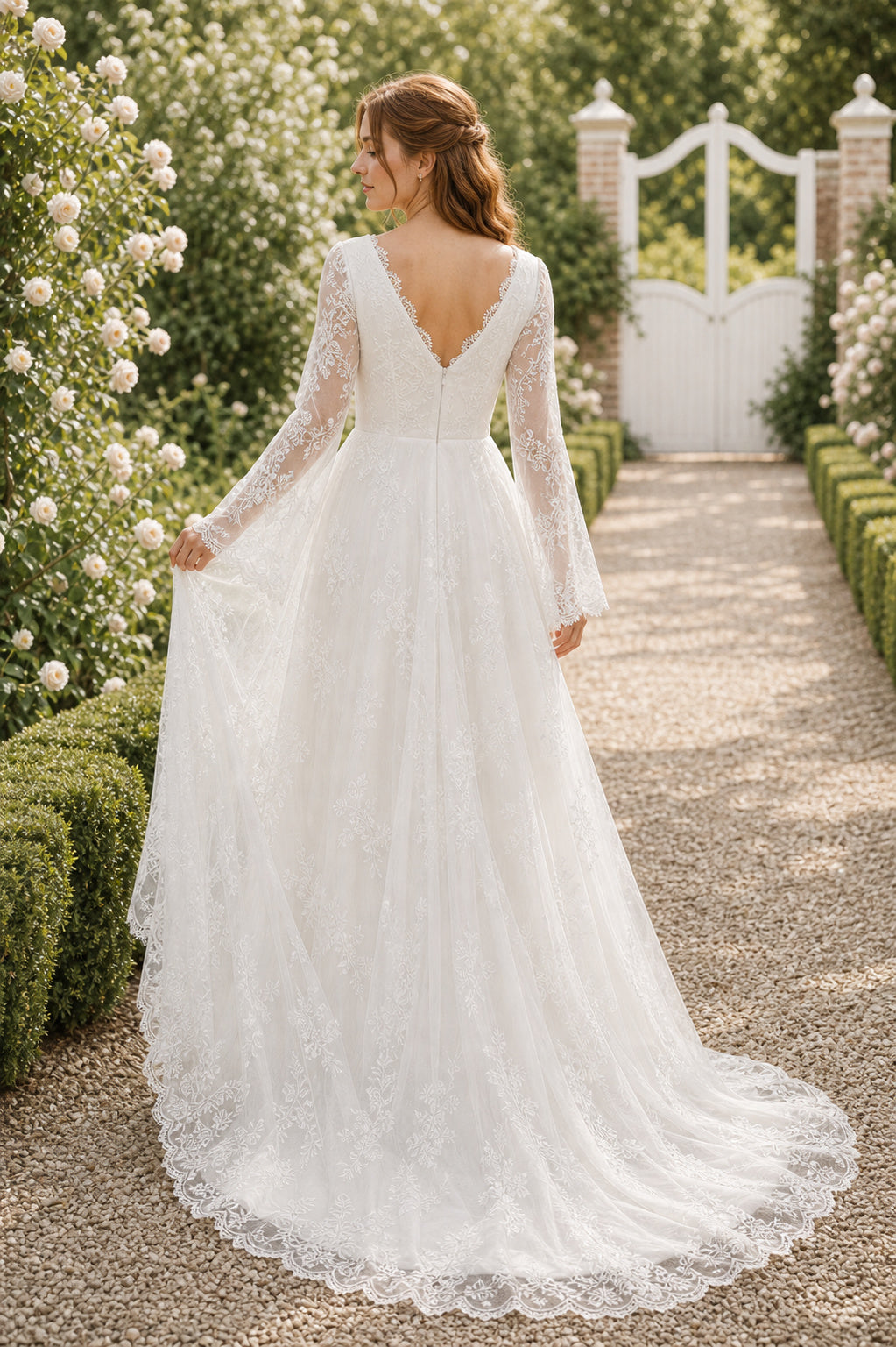 Ivory Scoop Short Sleeves A-Line Satin Floor-length Wedding Dress With Floral Appliques and Front Slit and Open Back Lace Hem Detail