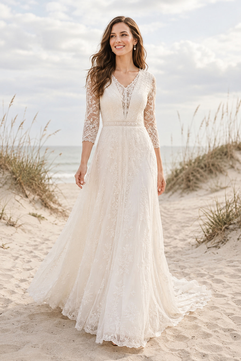 Ivory Boho V-Neck A-Line Soft Tulle Wedding Dress with Long Lace Sleeves and Sweep Train front view
